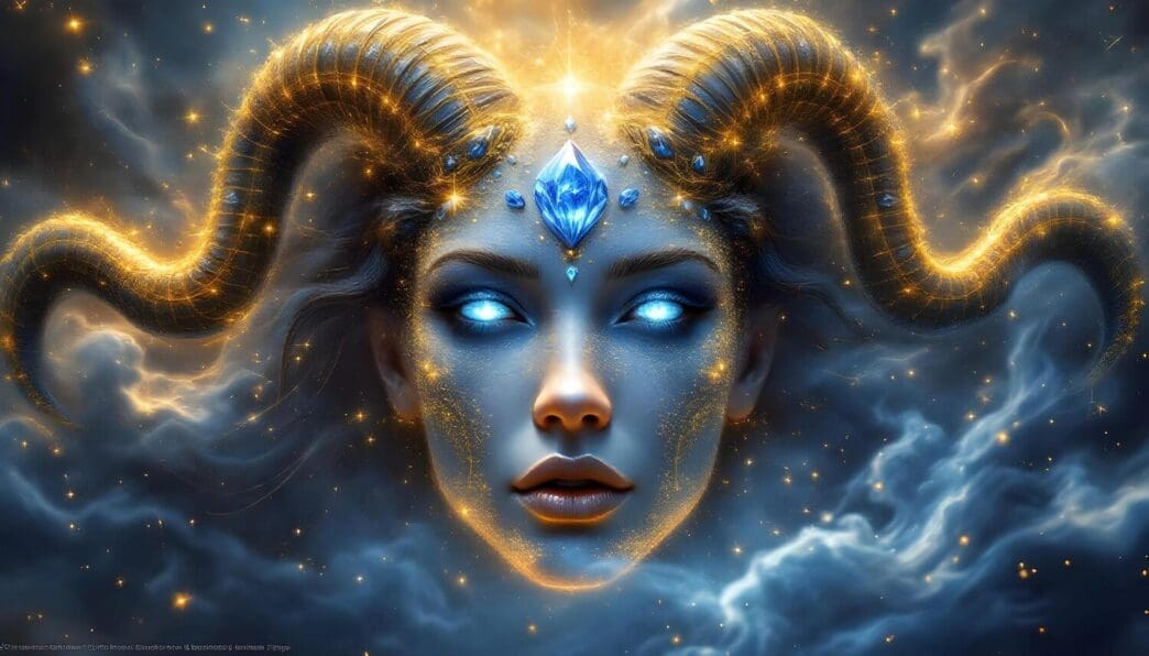 A celestial illustration depicts the Aries zodiac goddess, a woman with fiery red hair, set against a cosmic background.