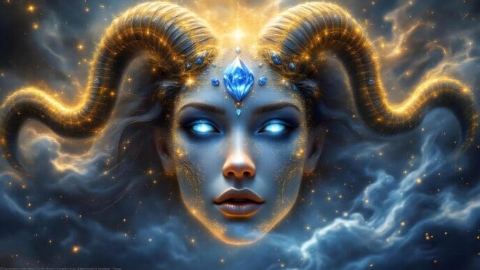 A celestial illustration depicts the Aries zodiac goddess, a woman with fiery red hair, set against a cosmic background.