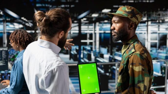 Army soldiers and engineers use a tablet with a green screen.