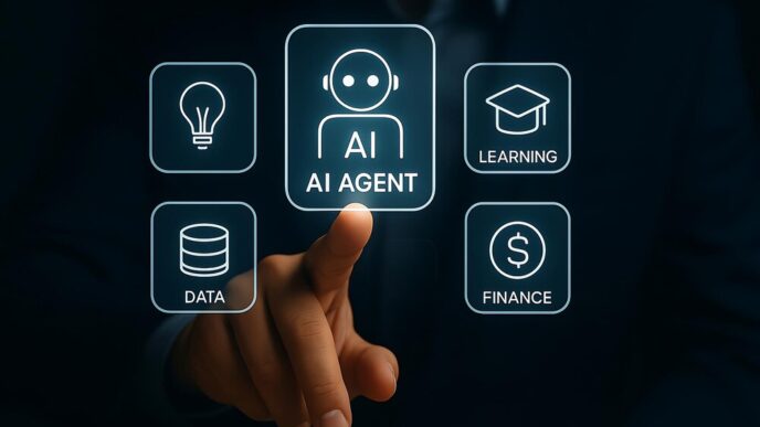 A person uses a touchscreen interface to select an artificial intelligence agent for business applications.