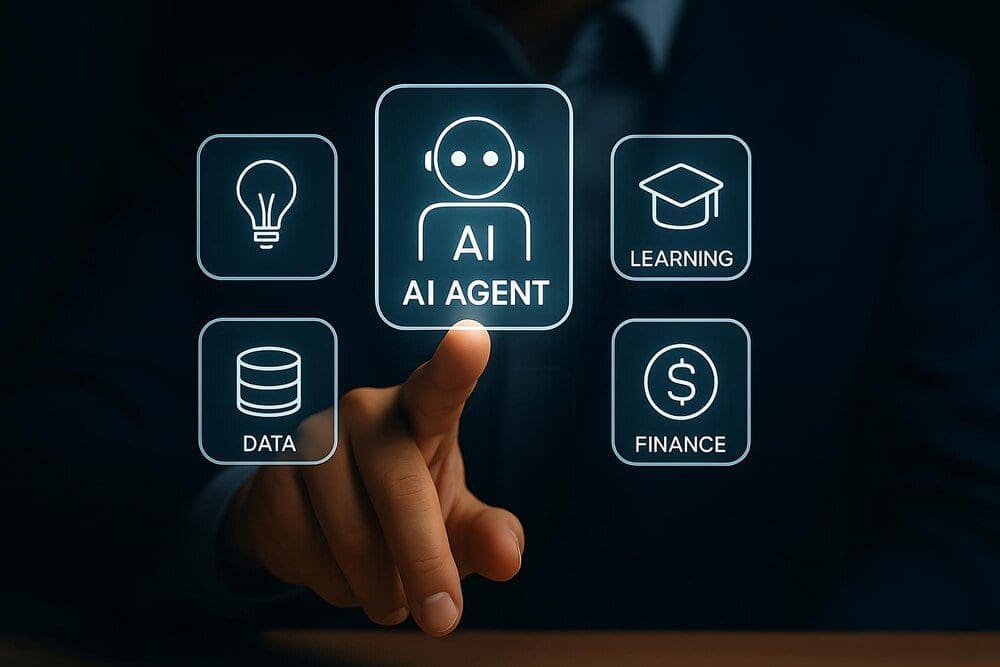 A person uses a touchscreen interface to select an artificial intelligence agent for business applications.