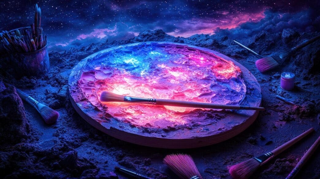 A painter's palette sits on a table, with a starry night sky visible in the background.
