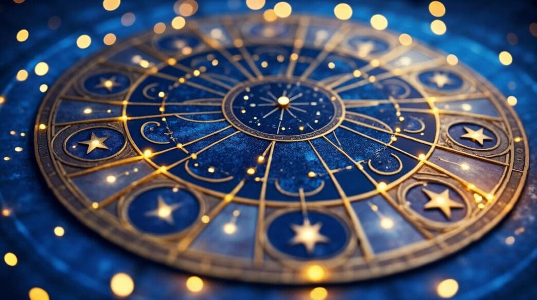 A circular astrological wheel displays the twelve zodiac signs with their symbols and associated elements.