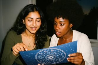 People looking at an astrological chart.