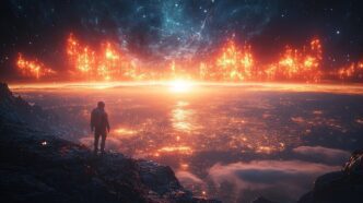 An astronaut in a spacesuit gazes at a brilliant sunrise over a futuristic city on an alien planet.