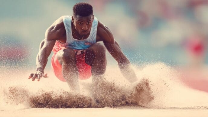 A person is mid-air, performing a long jump over a sand pit.