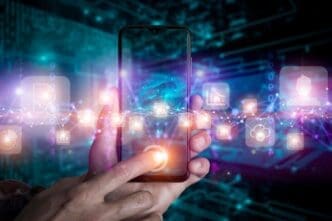 Smartphone displaying a data visualization against a blurred background.