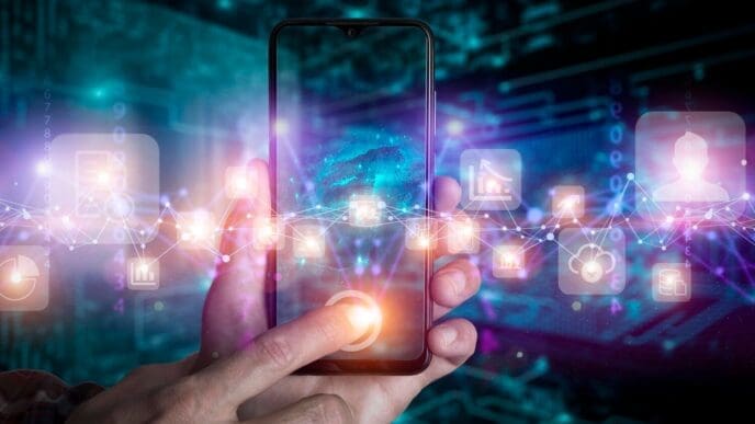 Smartphone displaying a data visualization against a blurred background.