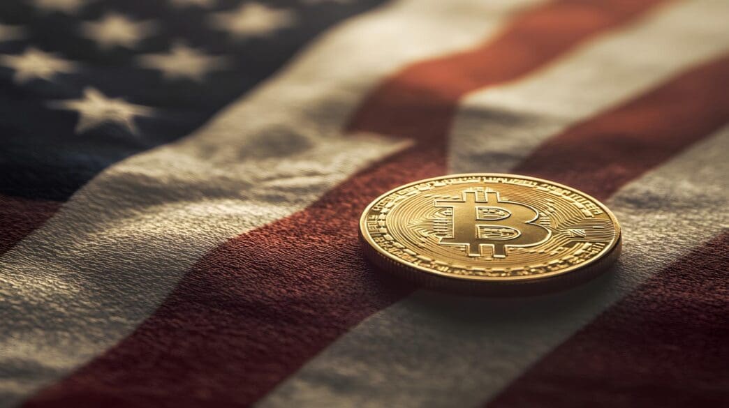 Bitcoin logo superimposed on a waving American flag.
