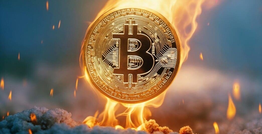 A graphic shows a burning Bitcoin symbol, representing the volatility or destruction of the cryptocurrency.