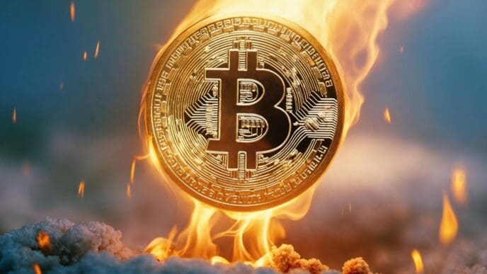 A graphic shows a burning Bitcoin symbol, representing the volatility or destruction of the cryptocurrency.