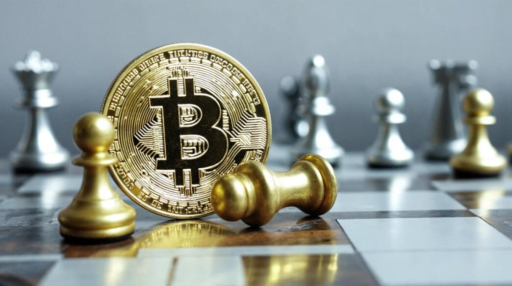 A chessboard features Bitcoin and crypto-themed pieces engaged in a game, symbolizing financial strategy and competition.