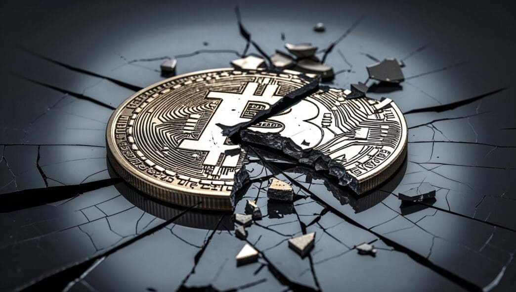 Bitcoin coin breaking through a cracked surface, symbolizing market volatility and the challenges of digital currency.
