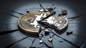 Bitcoin coin breaking through a cracked surface, symbolizing market volatility and the challenges of digital currency.