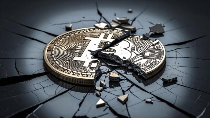 Bitcoin coin breaking through a cracked surface, symbolizing market volatility and the challenges of digital currency.