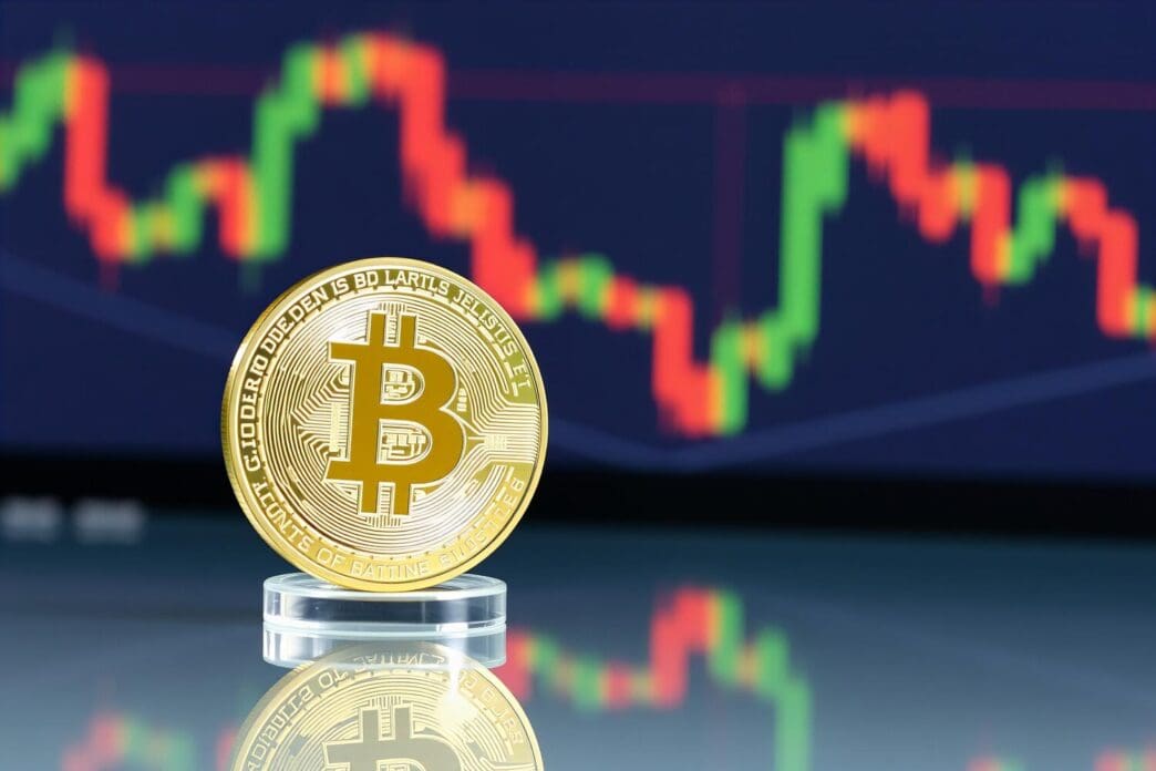 A physical Bitcoin coin is displayed in front of a financial chart.