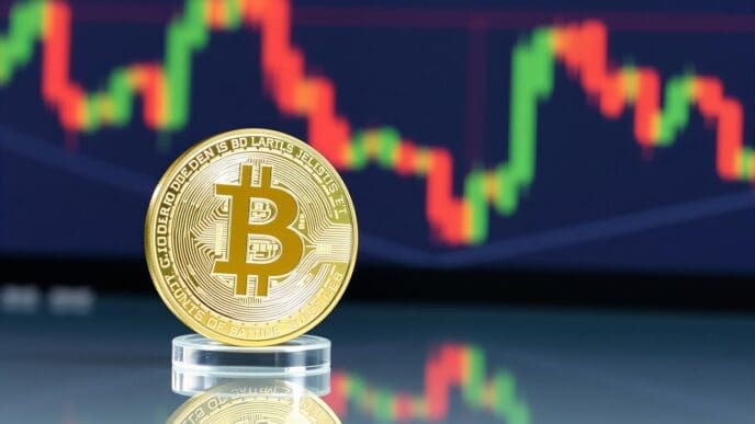 A physical Bitcoin coin sits in front of a financial chart, suggesting the cryptocurrency's market performance.