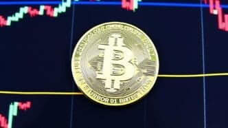 A physical Bitcoin coin sits on top of a stock market chart.