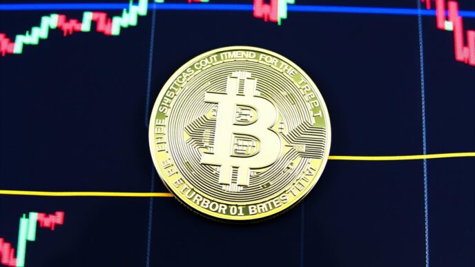 A physical Bitcoin coin rests on a stock market chart, indicating its financial performance.