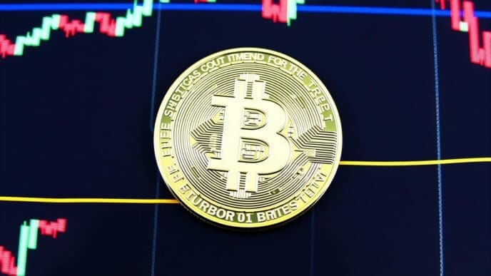 A physical Bitcoin coin rests on a stock market chart, representing cryptocurrency trading.