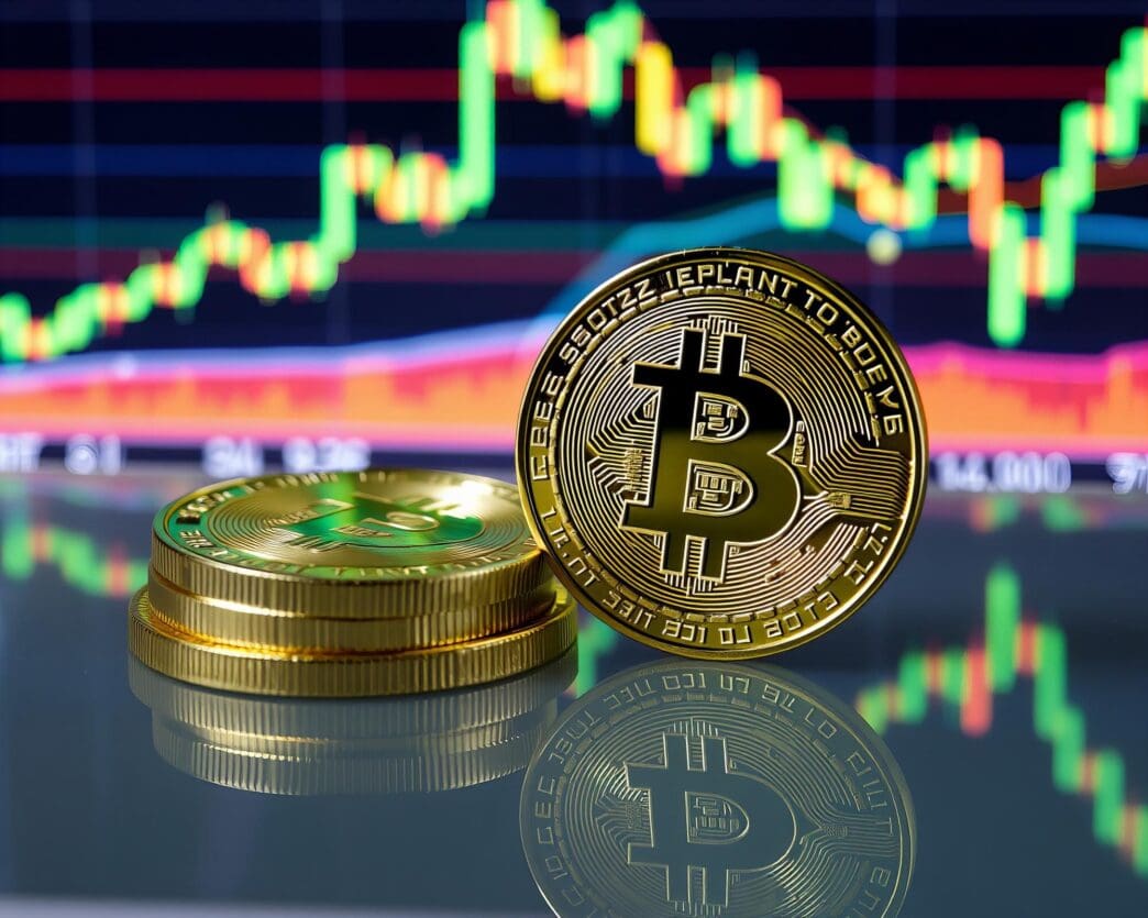 Bitcoin coins are displayed in front of a market chart.