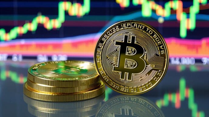 Bitcoin coins arranged in front of a stock market chart.