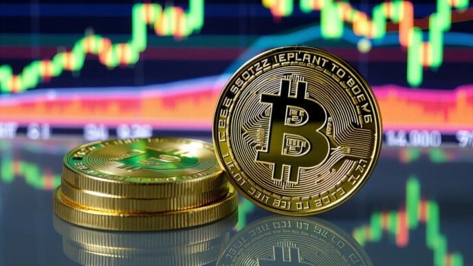 Bitcoin coins arranged in front of a stock market chart.