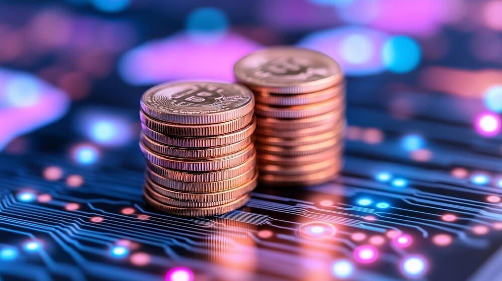 Bitcoin coins stacked on a circuit board with colorful lights illustrating digital currency technology.