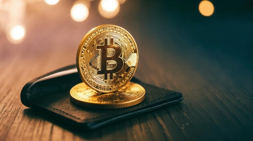 Bitcoin coins stacked on top of a digital wallet icon.