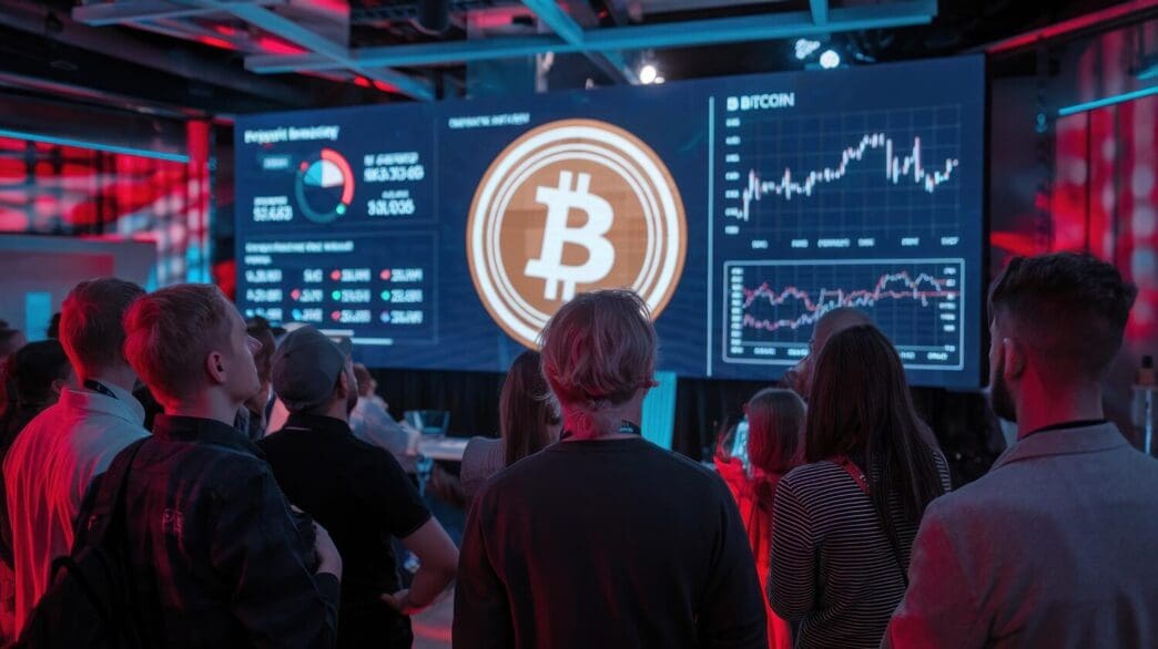 A person stands at a podium giving a presentation at a Bitcoin conference.