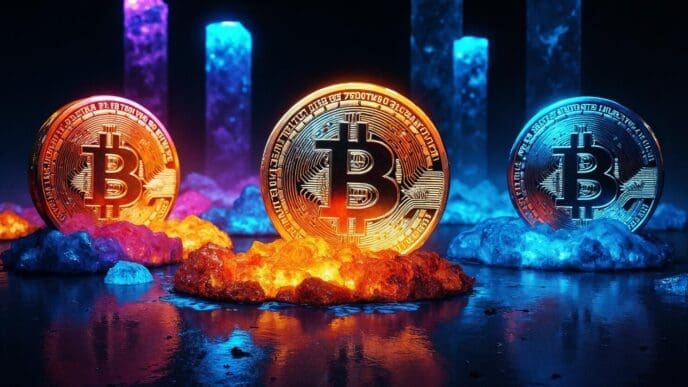 Abstract artwork depicting a stylized representation of Bitcoin, possibly using geometric shapes and digital patterns.