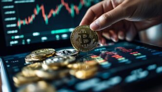A hand holds a Bitcoin cryptocurrency coin in front of a tablet displaying a stock market graph.