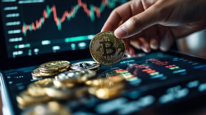 A hand holds a Bitcoin cryptocurrency coin in front of a tablet displaying a stock market graph.