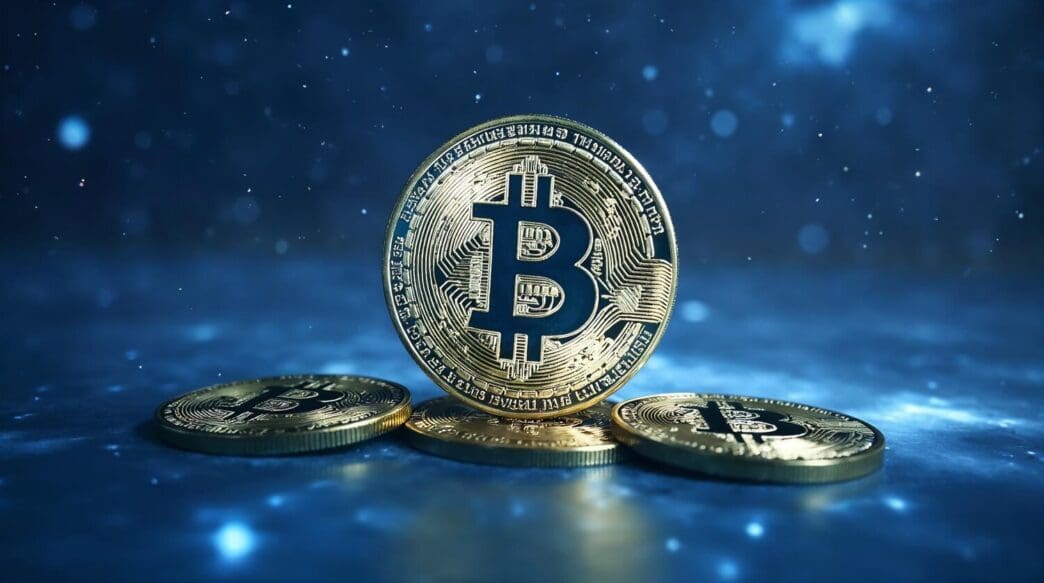 Bitcoin cryptocurrency coins arranged against a blue, glowing background.