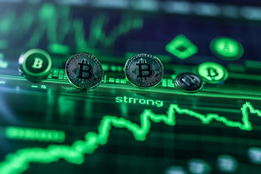 Bitcoin cryptocurrency coins displayed on a green digital screen with financial market data.