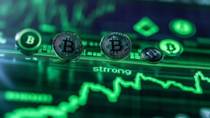 Bitcoin cryptocurrency coins displayed on a green digital screen with financial market data.