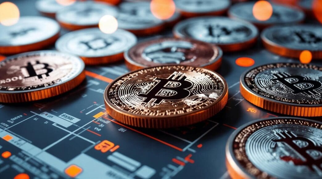 Bitcoin cryptocurrency coins displayed on a computer screen with financial charts.