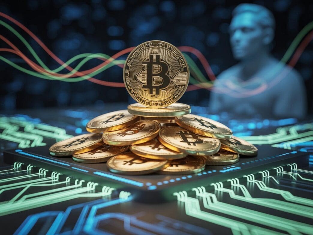 A graphic depicts the Bitcoin cryptocurrency logo, often represented by a stylized "B," symbolizing a digital currency.