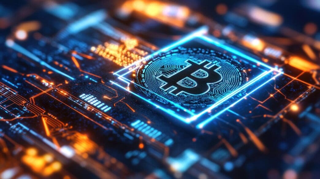 A digital rendering depicts a network of interconnected nodes representing a futuristic blockchain technology with the Bitcoin logo prominently displayed.