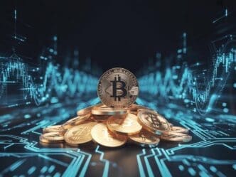 A digital graphic depicts a gold coin with the Bitcoin symbol on it, representing digital currency in the financial world.