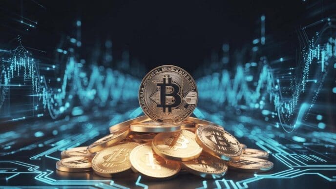 A digital graphic depicts a gold coin with the Bitcoin symbol on it, representing digital currency in the financial world.