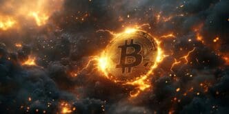 Bitcoin logo glowing against a dramatic backdrop of lightning and fiery clouds.