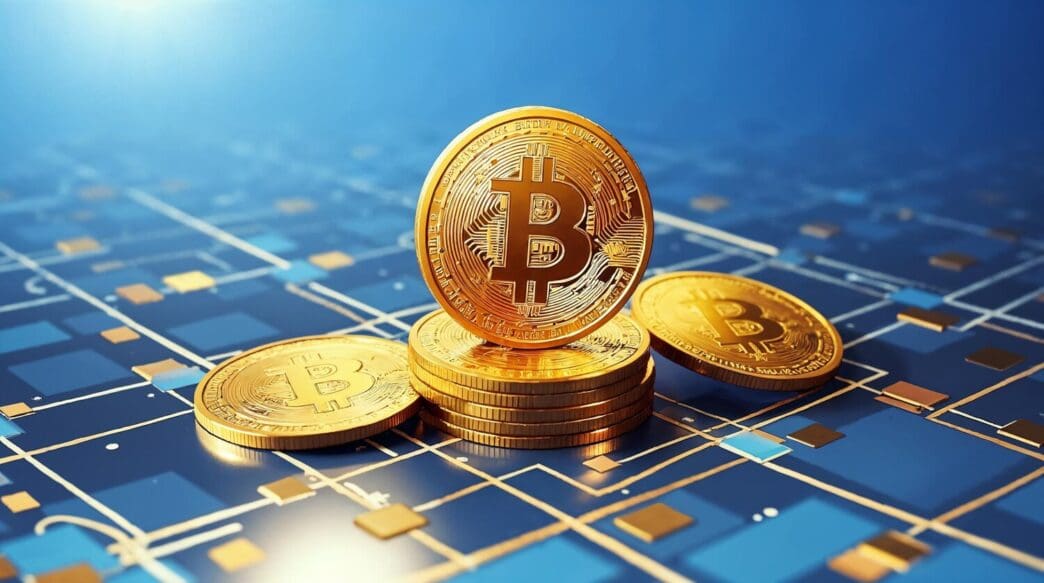 Gold Bitcoin coins arranged on a screen displaying digital data.