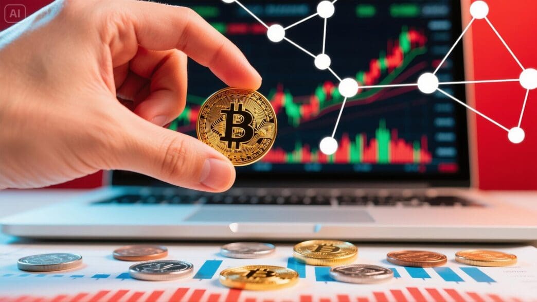 A graph depicts the fluctuating value of Bitcoin and other cryptocurrencies, illustrating investment trends.