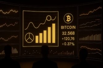 A digital dashboard displays a market analysis of Bitcoin cryptocurrency with charts and data.