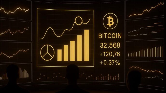 A digital dashboard displays a market analysis of Bitcoin cryptocurrency with charts and data.