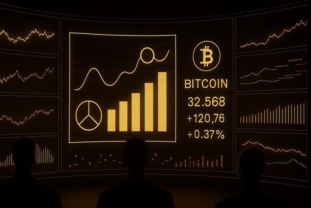 A digital dashboard displays a market analysis of Bitcoin cryptocurrency with charts and data.