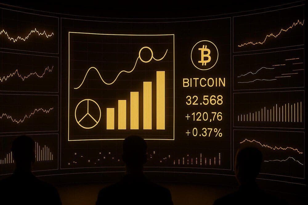 A digital dashboard displays a market analysis of Bitcoin cryptocurrency with charts and data.