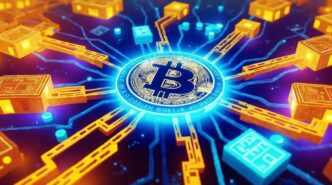 A network diagram illustrates the interconnectedness of Bitcoin cryptocurrency technology.