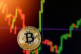 A line graph displays the fluctuating value of Bitcoin over time, representing its cryptocurrency trading activity.